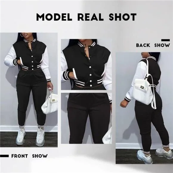 Women Varsity Sweatsuit Button Down 2 Piece Outfit Slim Tracksuit Set - Picture 4 of 6